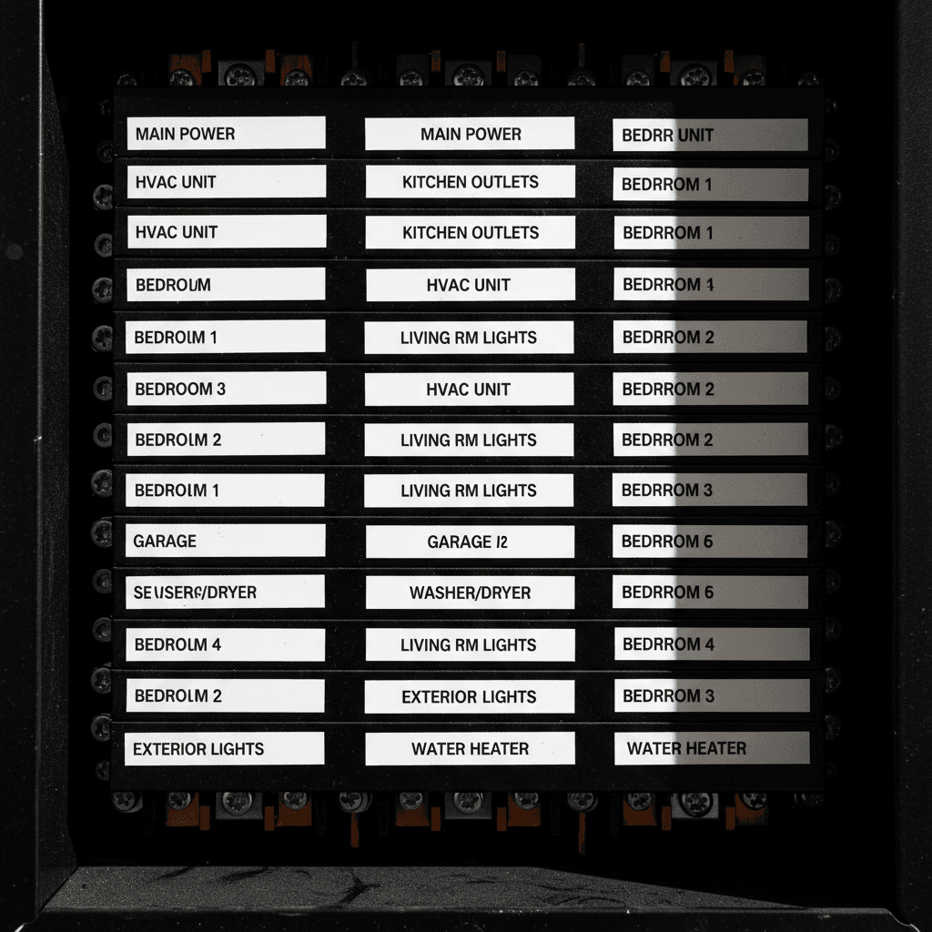 Clearly labeled electrical panel showing organized breaker layout