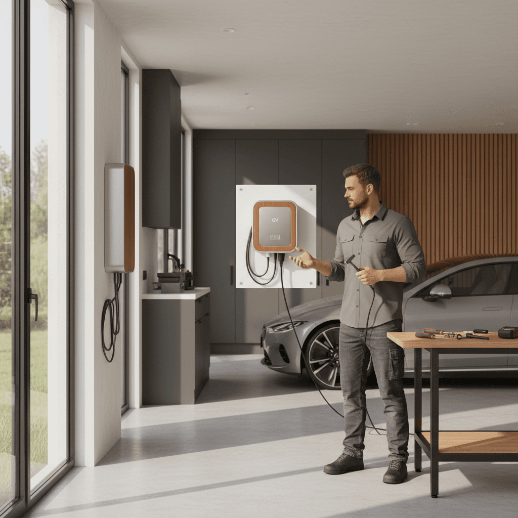 Electrician installing a residential EV charger in a Denver garage