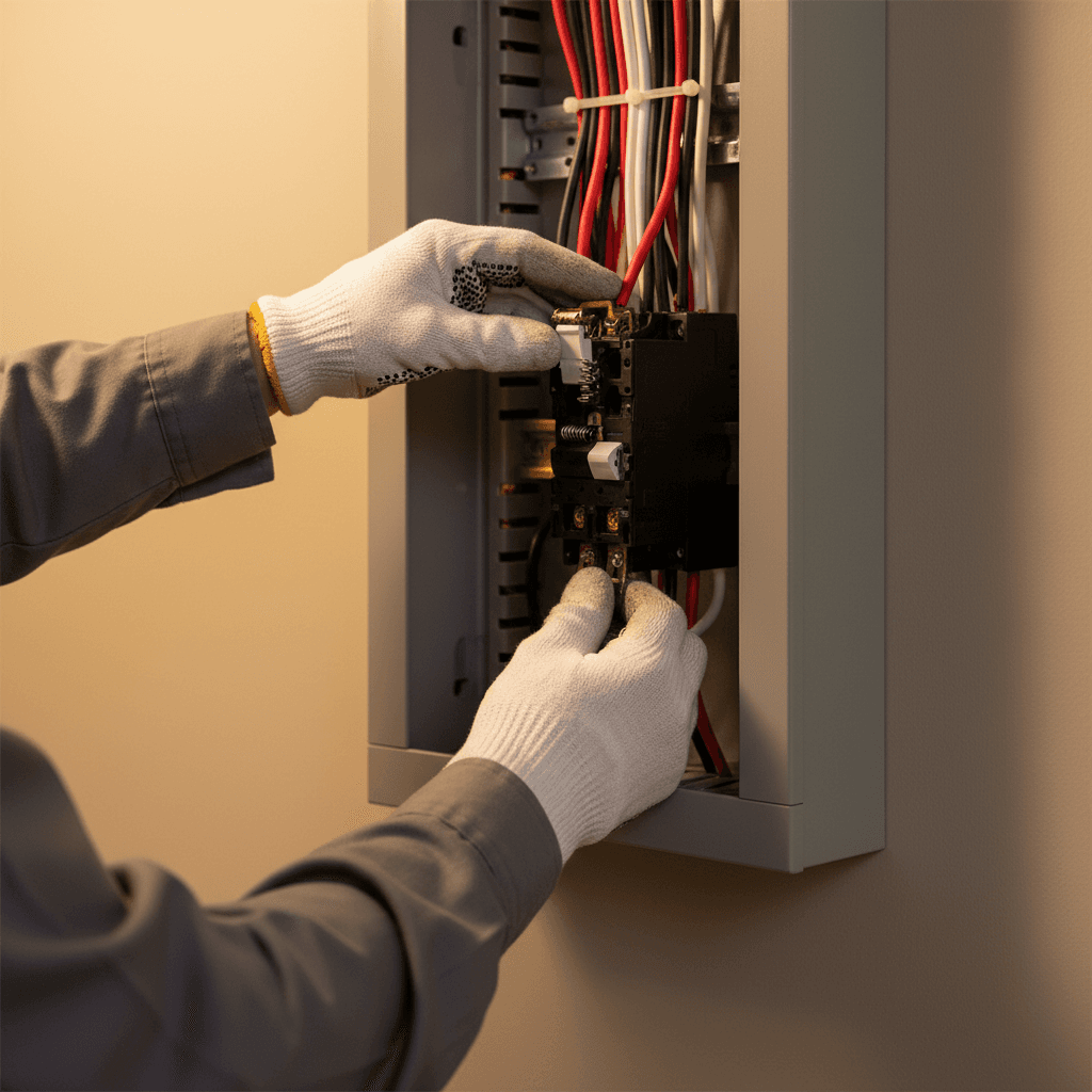 Electrician installing a new electrical panel breaker during a service upgrade