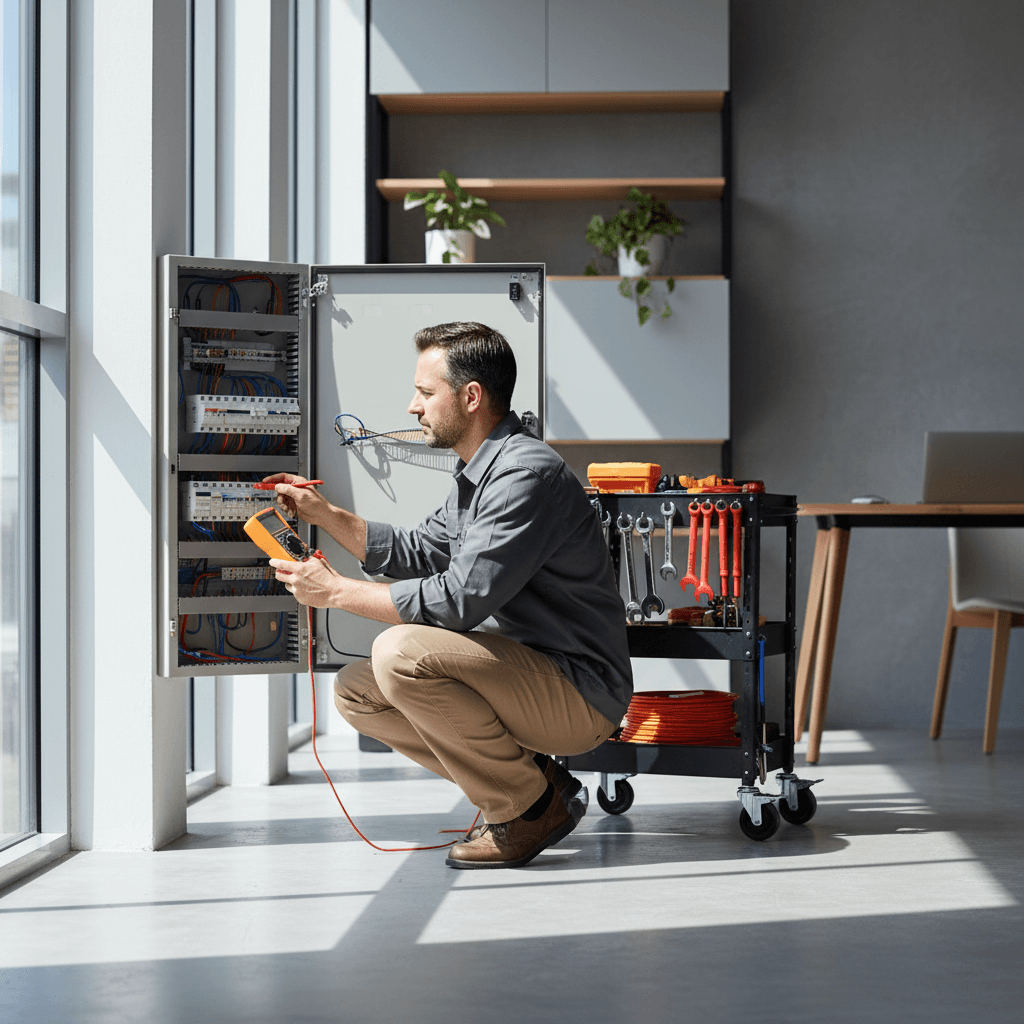 Electrician conducting preventative electrical maintenance and testing