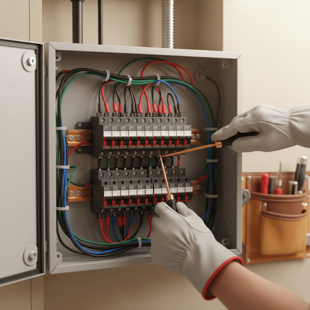 Electrician installing circuit breaker in electrical panel