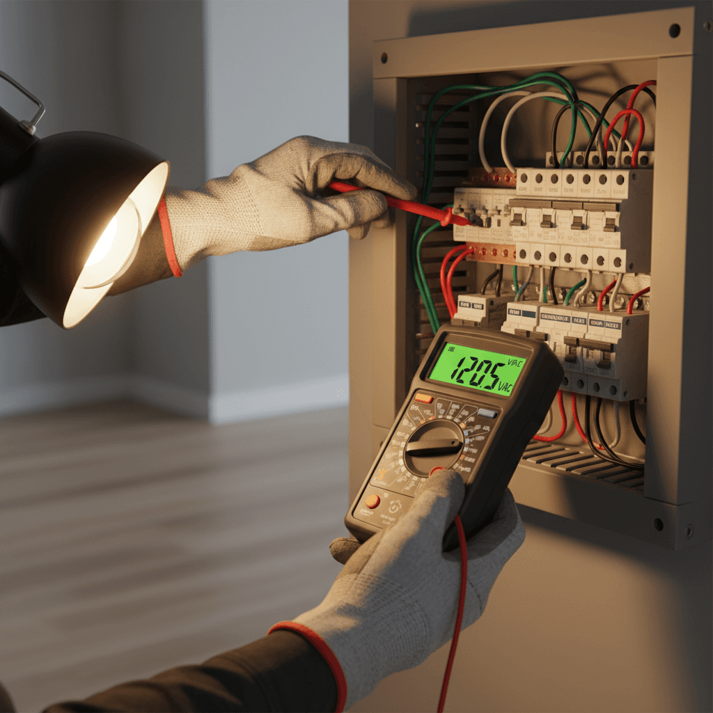 Electrician measuring voltage with precision on residential panel