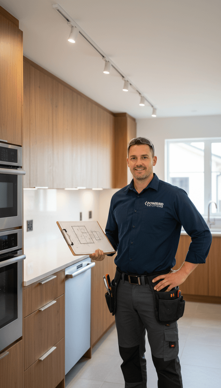 Electrician discussing electrical plans with homeowner in kitchen
