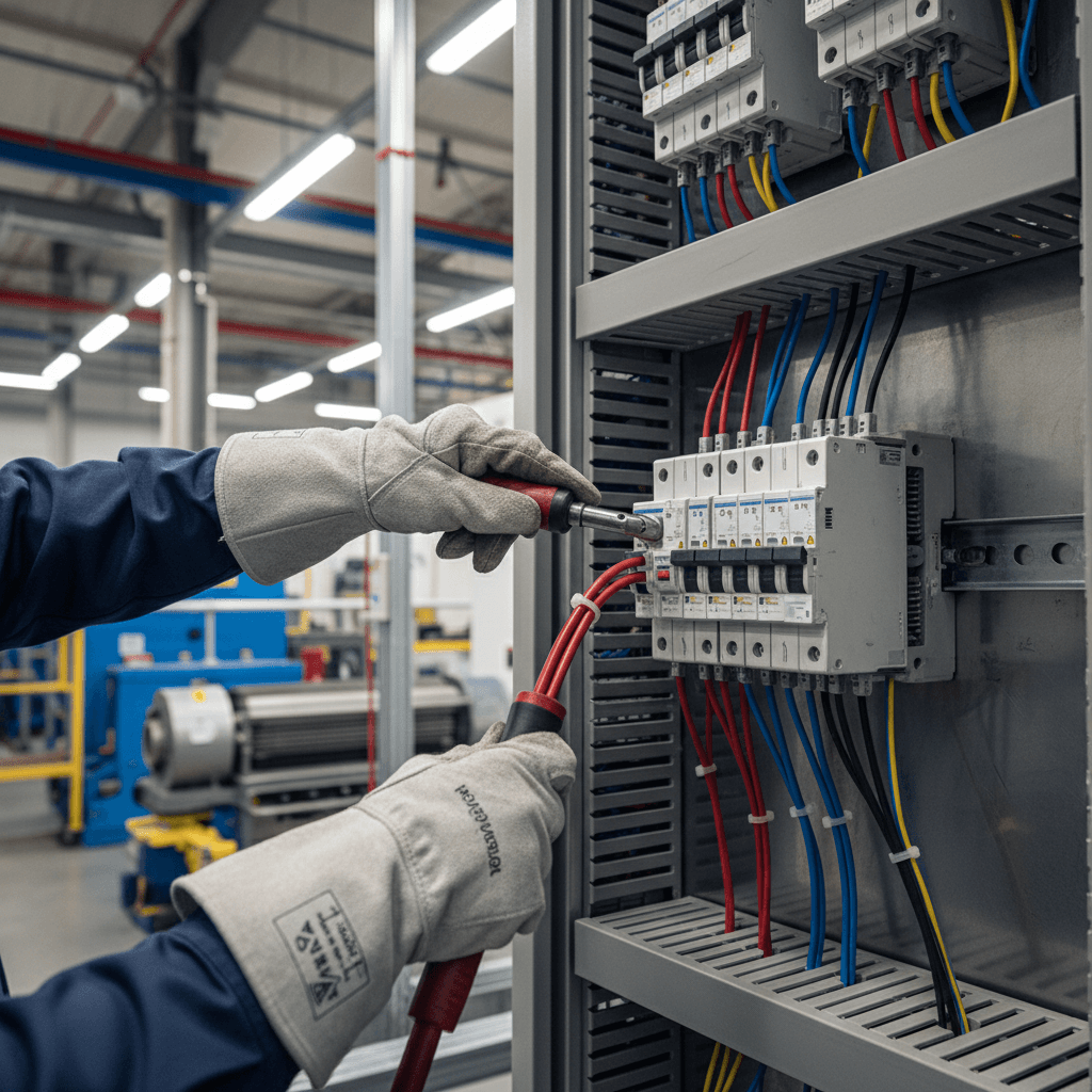 Electrician measuring voltage on panel with multimeter